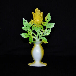 Vintage 1970s Metal Earring Tree Stand with Yellow Rose Vase and Green Leaves